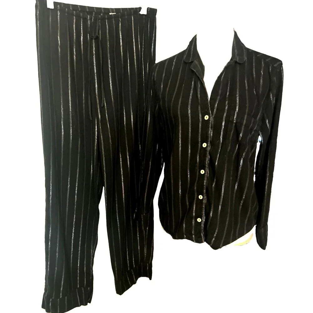 Victoria Secret  Sz S  Black Silver Striped Button Up Pajama Set Cotton Blend
